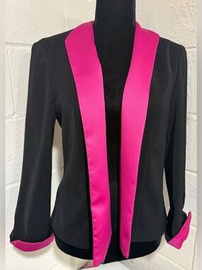 Vintage 90s Jessica Howard Black Hot Pink Satin Tuxedo Blazer Jacket Size 6